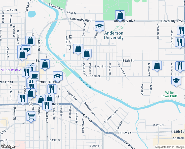 map of restaurants, bars, coffee shops, grocery stores, and more near 808 East 10th Street in Anderson