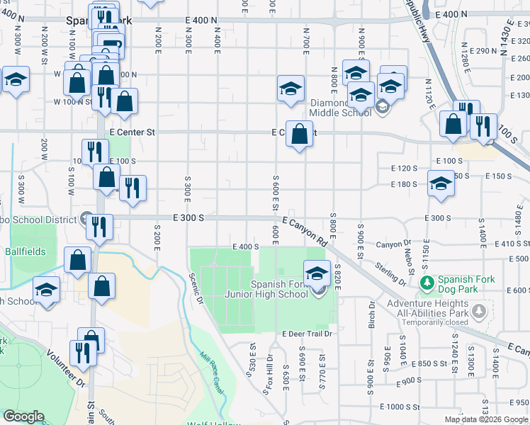 map of restaurants, bars, coffee shops, grocery stores, and more near 573 East 300 South in Spanish Fork