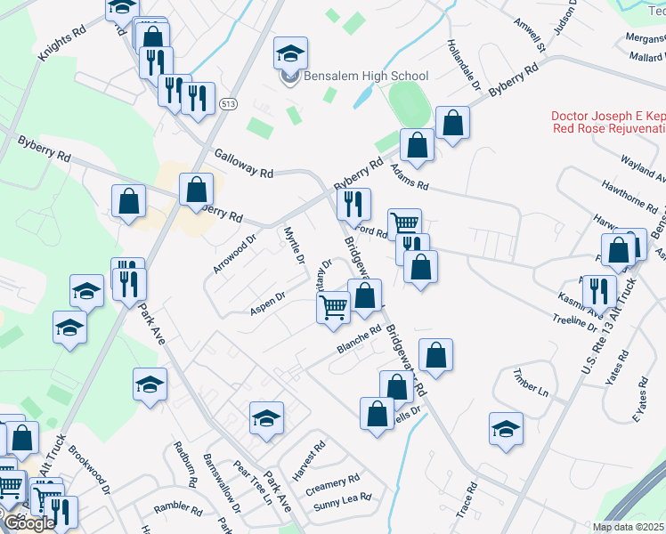 map of restaurants, bars, coffee shops, grocery stores, and more near 1624 Britany Drive in Bensalem