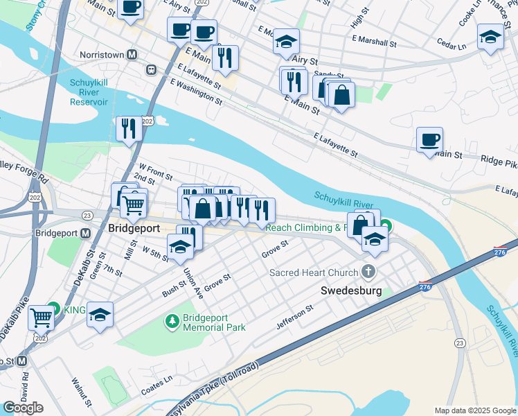 map of restaurants, bars, coffee shops, grocery stores, and more near 57 East Front Street in Bridgeport