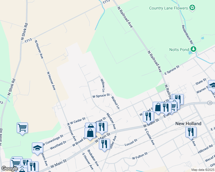 map of restaurants, bars, coffee shops, grocery stores, and more near 302 Willow Lane in New Holland