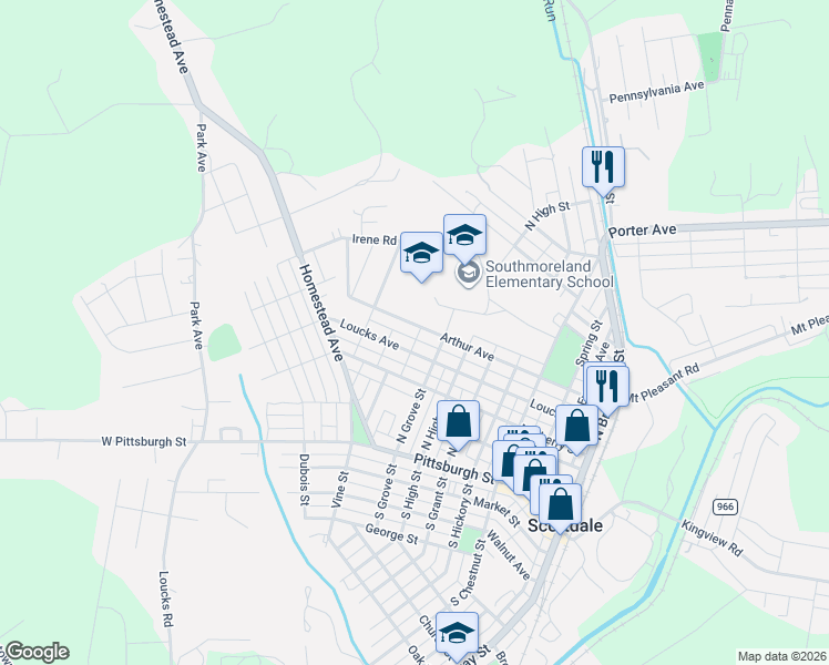 map of restaurants, bars, coffee shops, grocery stores, and more near 1000 Loucks Avenue in Scottdale