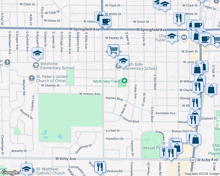 map of restaurants, bars, coffee shops, grocery stores, and more near 810 Haines Boulevard in Champaign