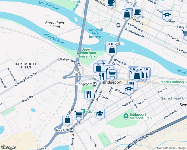 map of restaurants, bars, coffee shops, grocery stores, and more near in Bridgeport