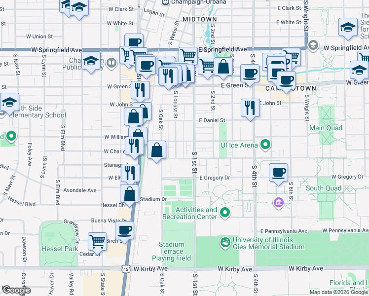 map of restaurants, bars, coffee shops, grocery stores, and more near 57 East Chalmers Street in Champaign
