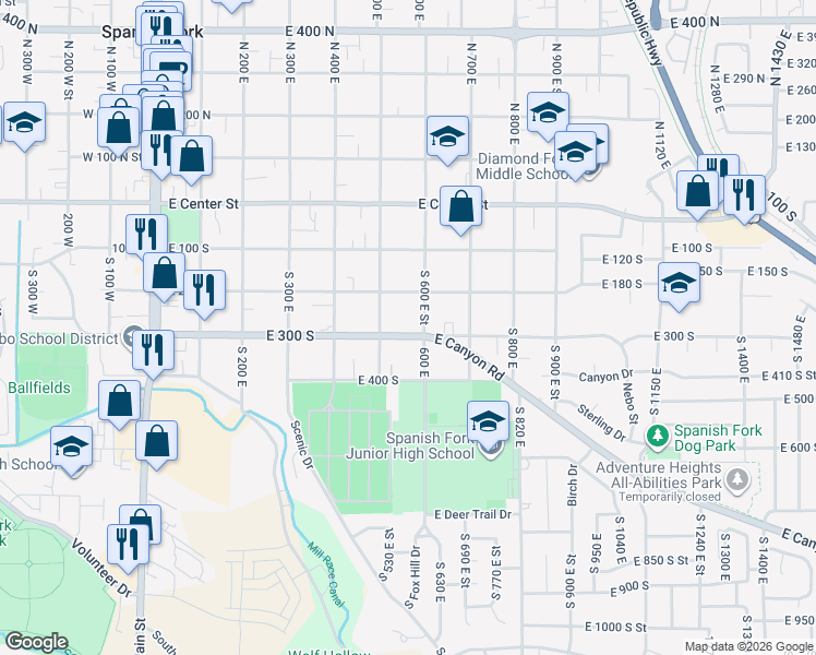 map of restaurants, bars, coffee shops, grocery stores, and more near 573 East 300 South in Spanish Fork