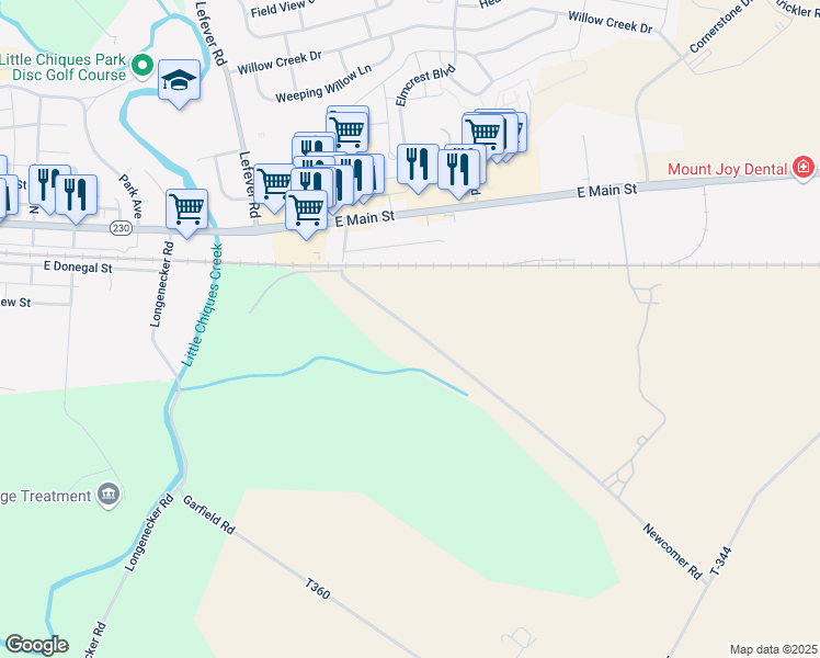 map of restaurants, bars, coffee shops, grocery stores, and more near 194 Newcomer Road in Mount Joy