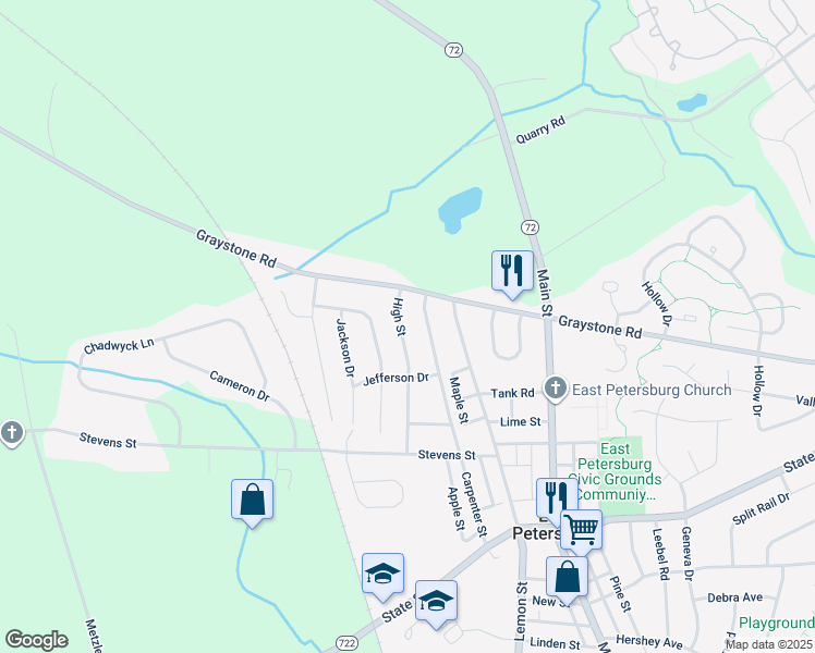 map of restaurants, bars, coffee shops, grocery stores, and more near 6361 High Street in East Petersburg