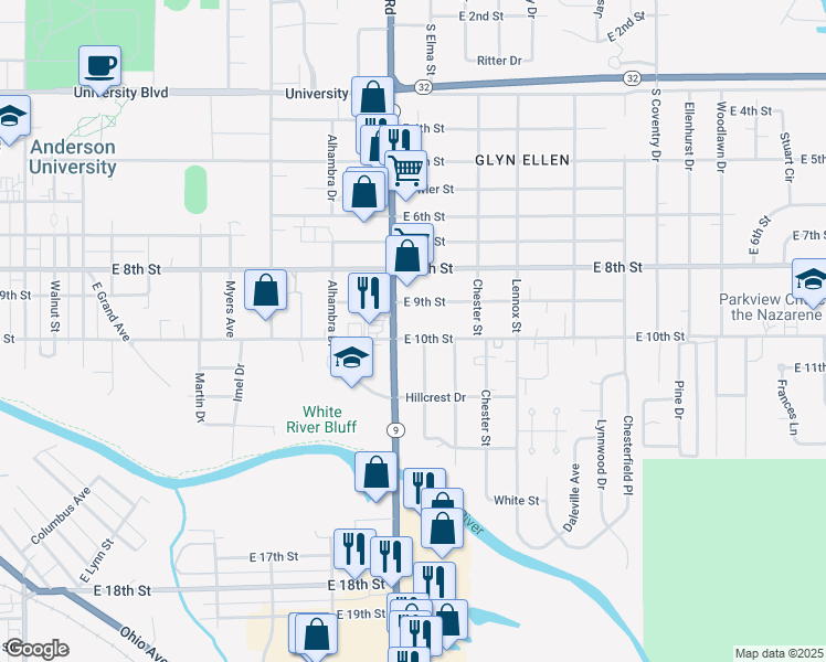 map of restaurants, bars, coffee shops, grocery stores, and more near 2210 East 10th Street in Anderson