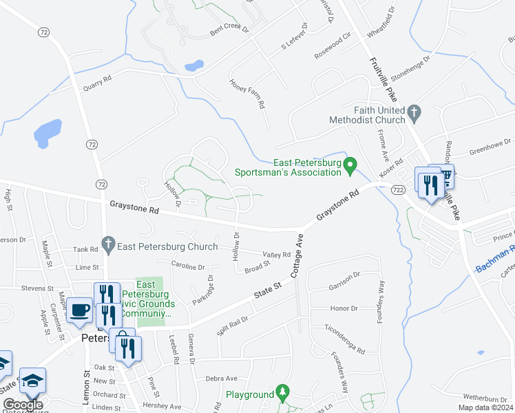 map of restaurants, bars, coffee shops, grocery stores, and more near 2514 Chrismar Way in East Petersburg