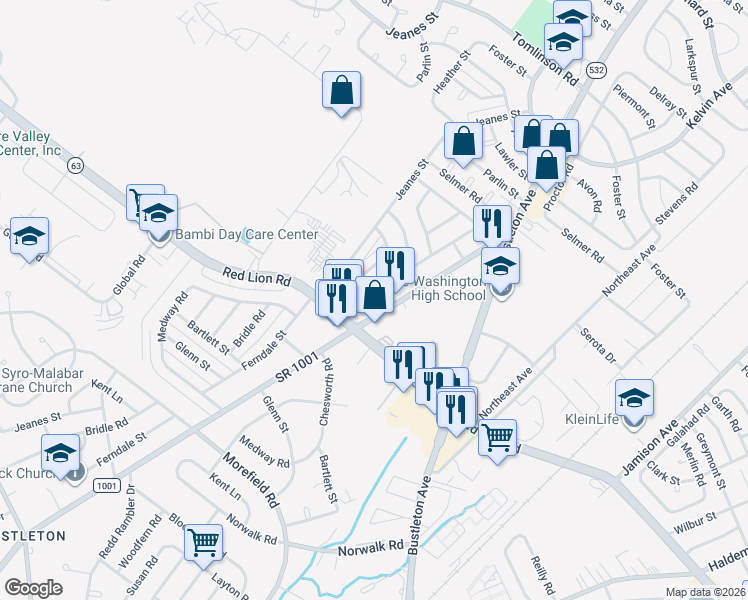 map of restaurants, bars, coffee shops, grocery stores, and more near 10111 Verree Road in Philadelphia