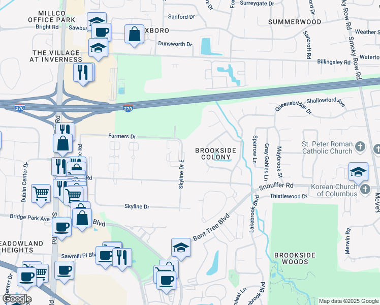 map of restaurants, bars, coffee shops, grocery stores, and more near 7260 Skyline Drive East in Columbus