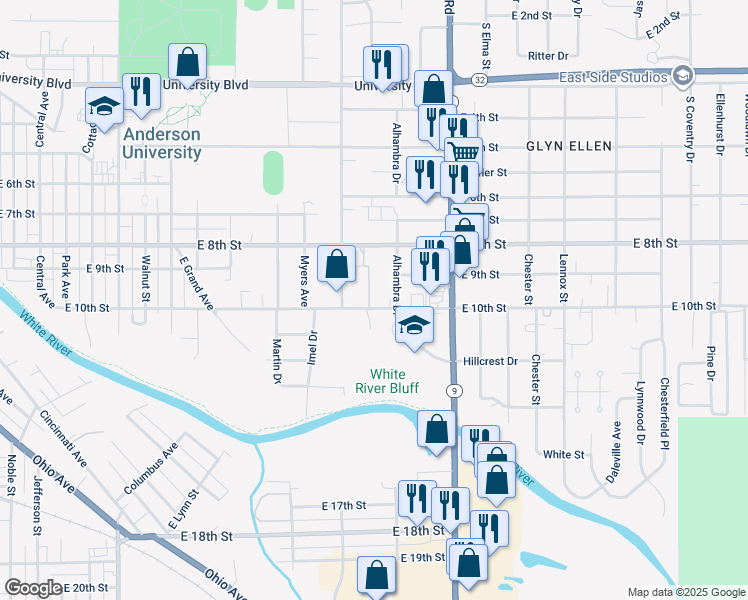 map of restaurants, bars, coffee shops, grocery stores, and more near 1903 East 10th Street in Anderson