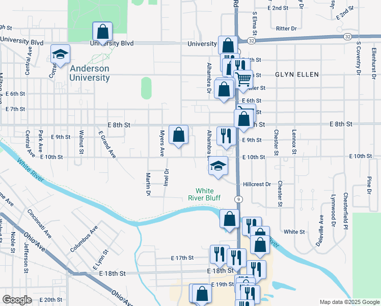 map of restaurants, bars, coffee shops, grocery stores, and more near 1903 East 10th Street in Anderson