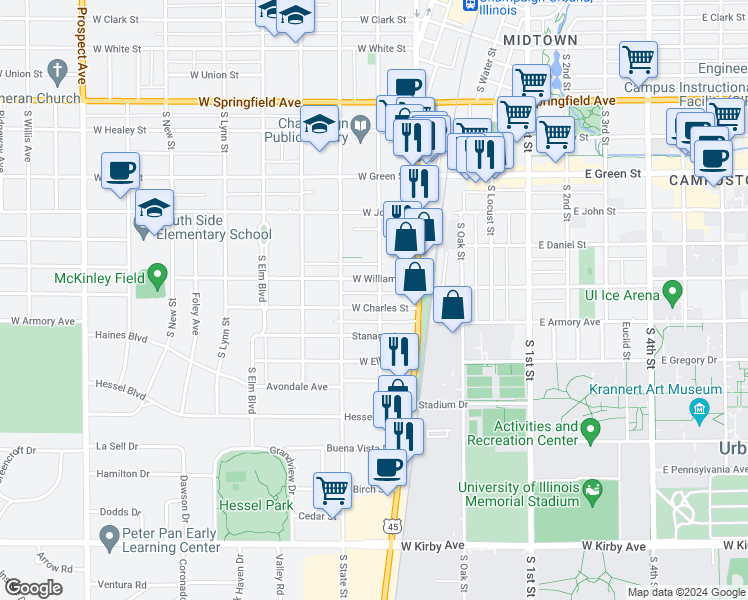map of restaurants, bars, coffee shops, grocery stores, and more near 111 West Charles Street in Champaign