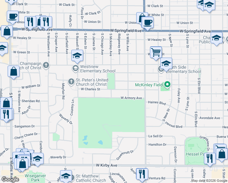 map of restaurants, bars, coffee shops, grocery stores, and more near 1014 West Armory Avenue in Champaign