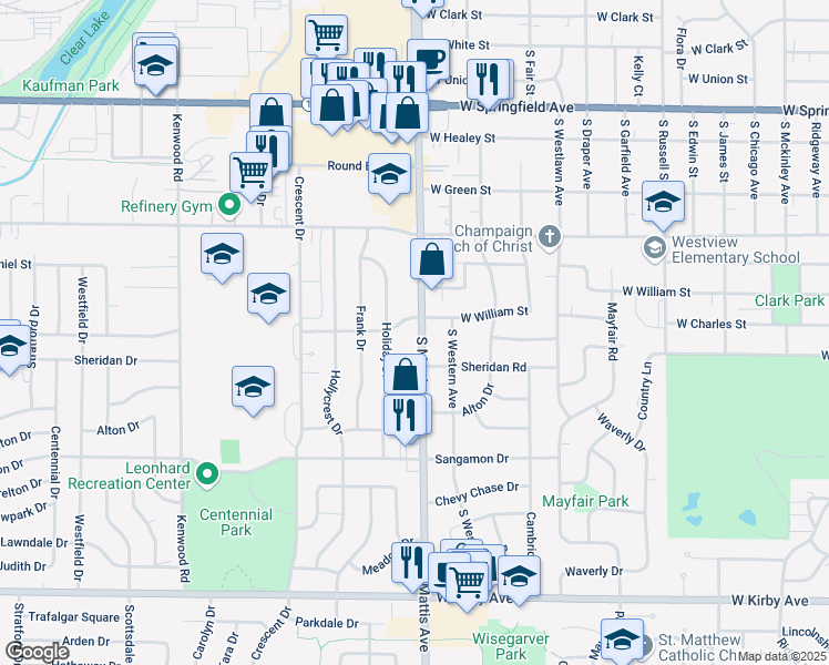 map of restaurants, bars, coffee shops, grocery stores, and more near 1008 South Mattis Avenue in Champaign