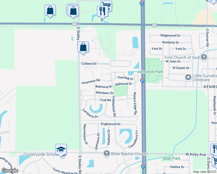 map of restaurants, bars, coffee shops, grocery stores, and more near 3902 Aberdeen Drive in Champaign