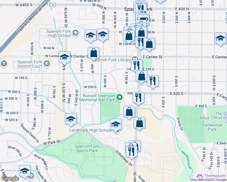 map of restaurants, bars, coffee shops, grocery stores, and more near 225 W 300 S in Spanish Fork