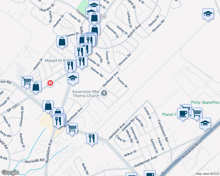 map of restaurants, bars, coffee shops, grocery stores, and more near 10206 Murty Lane in Philadelphia