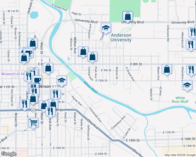 map of restaurants, bars, coffee shops, grocery stores, and more near 808 East 10th Street in Anderson