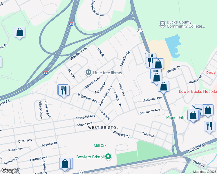 map of restaurants, bars, coffee shops, grocery stores, and more near 3013 Penn Valley Avenue in Bristol