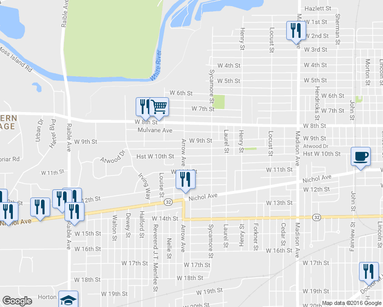 map of restaurants, bars, coffee shops, grocery stores, and more near 1636 Hst W 10th Street in Anderson