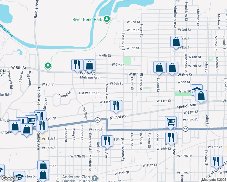 map of restaurants, bars, coffee shops, grocery stores, and more near 1010 Arrow Avenue in Anderson
