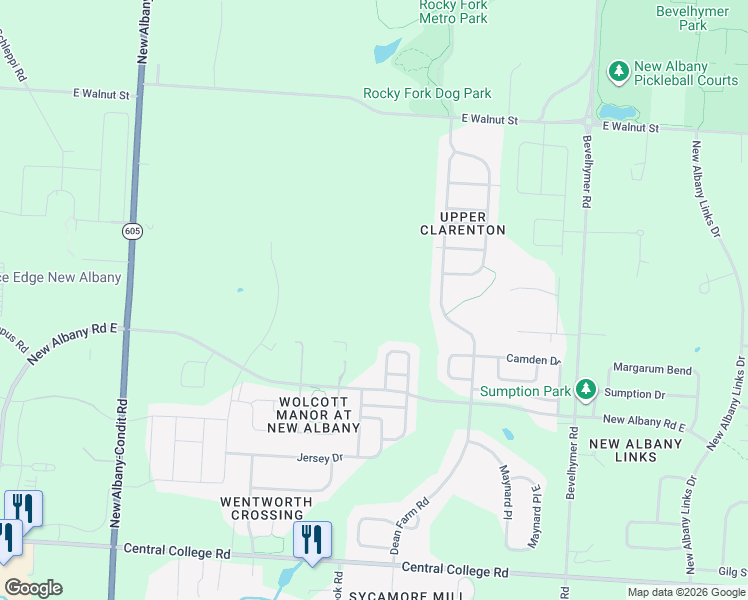 map of restaurants, bars, coffee shops, grocery stores, and more near 7300 Souder Road in New Albany