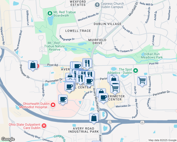 map of restaurants, bars, coffee shops, grocery stores, and more near 6400 Perimeter Dr in Dublin