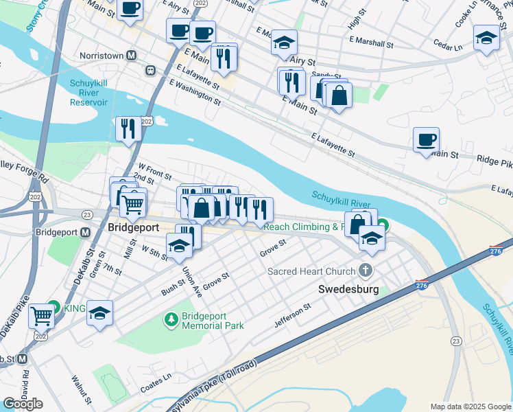 map of restaurants, bars, coffee shops, grocery stores, and more near 57 East Front Street in Bridgeport