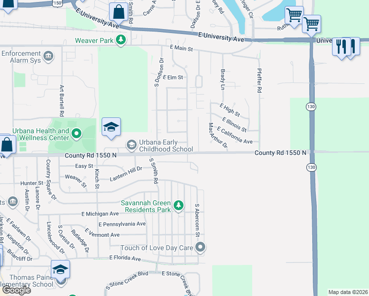 map of restaurants, bars, coffee shops, grocery stores, and more near 803 Scottswood Drive in Urbana