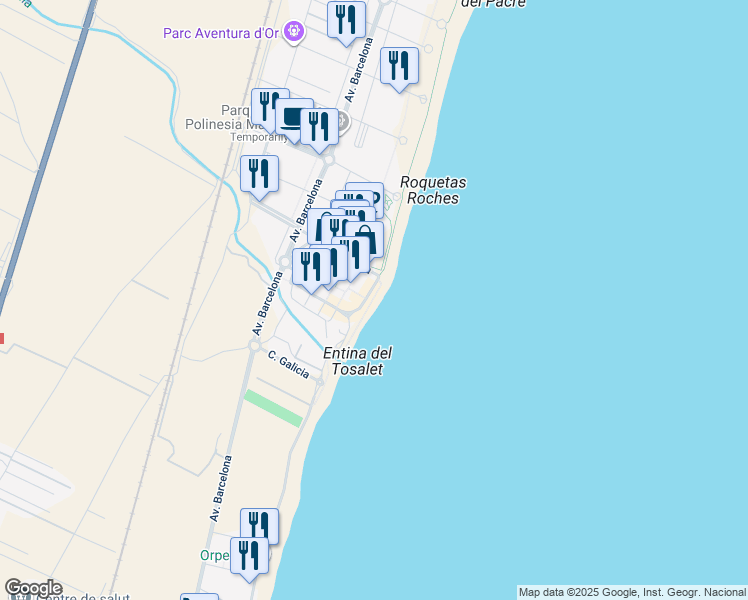 map of restaurants, bars, coffee shops, grocery stores, and more near 102 Passeig Marítim del Mediterrani in Orpesa