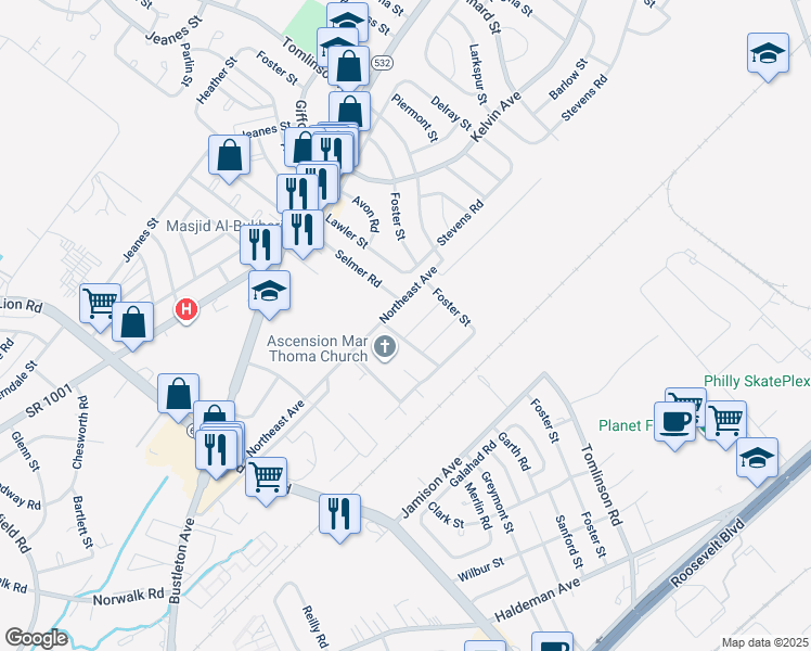 map of restaurants, bars, coffee shops, grocery stores, and more near 10206 Murty Lane in Philadelphia