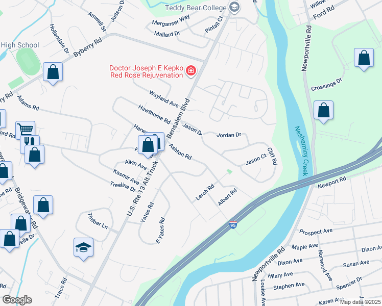 map of restaurants, bars, coffee shops, grocery stores, and more near 911 Ashton Road in Bucks County