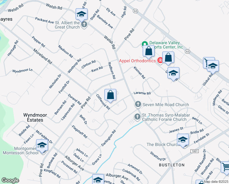 map of restaurants, bars, coffee shops, grocery stores, and more near 109 Almatt Drive in Philadelphia