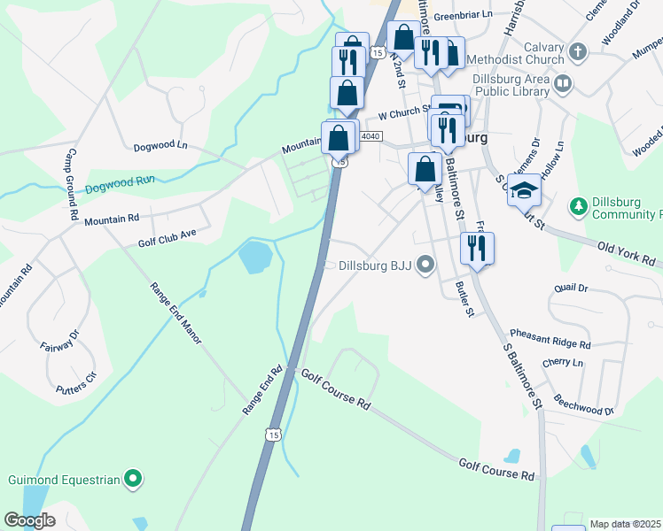 map of restaurants, bars, coffee shops, grocery stores, and more near 305 North U.S. 15 in Dillsburg