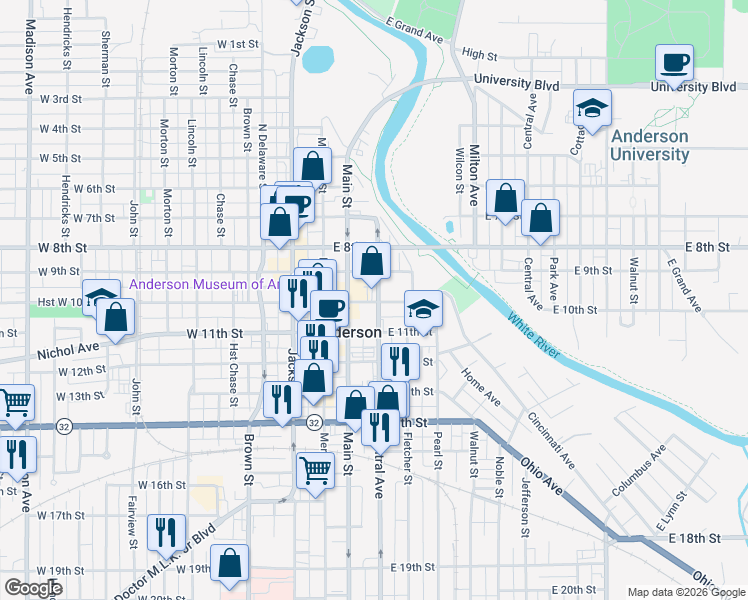 map of restaurants, bars, coffee shops, grocery stores, and more near 1009 Central Avenue in Anderson