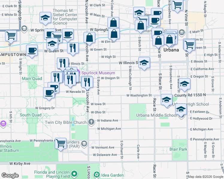 map of restaurants, bars, coffee shops, grocery stores, and more near 605 West Washington Street in Urbana