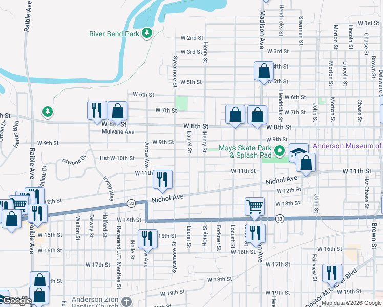 map of restaurants, bars, coffee shops, grocery stores, and more near 1022 Laurel Street in Anderson