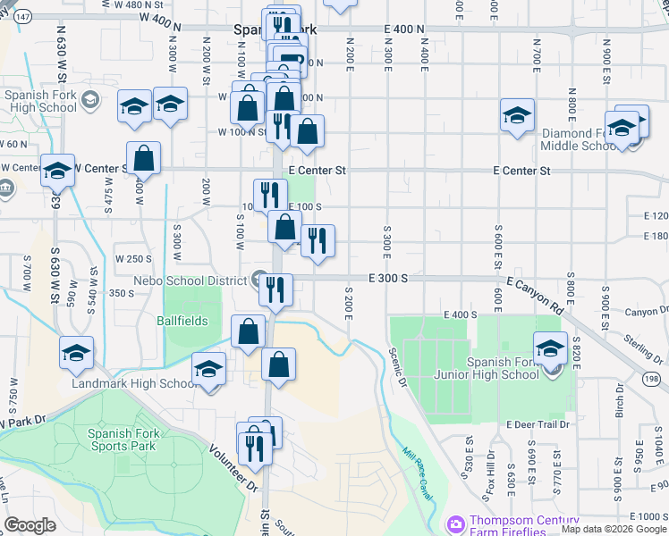 map of restaurants, bars, coffee shops, grocery stores, and more near 130 East 300 South in Spanish Fork