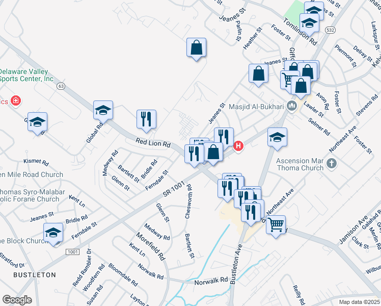 map of restaurants, bars, coffee shops, grocery stores, and more near 716 Red Lion Road in Philadelphia