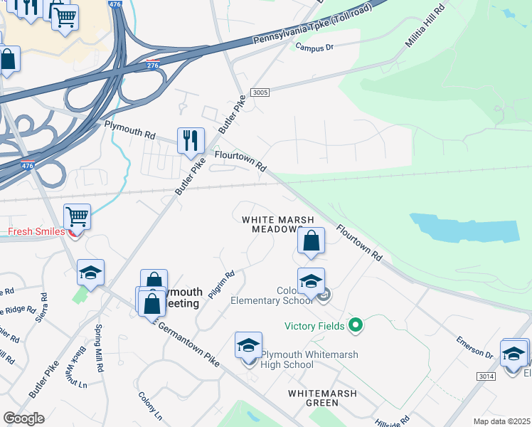 map of restaurants, bars, coffee shops, grocery stores, and more near 104 Woodbine Way in Plymouth Meeting