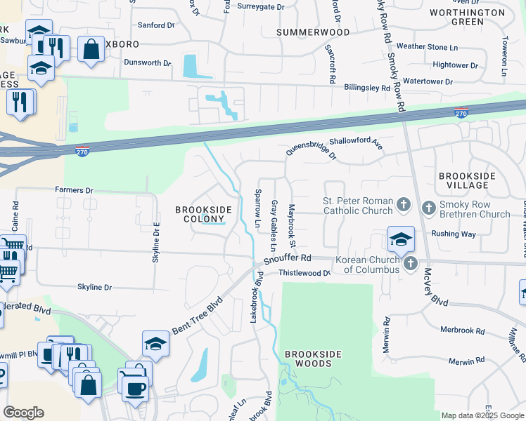 map of restaurants, bars, coffee shops, grocery stores, and more near 6855 Sparrow Lane in Columbus
