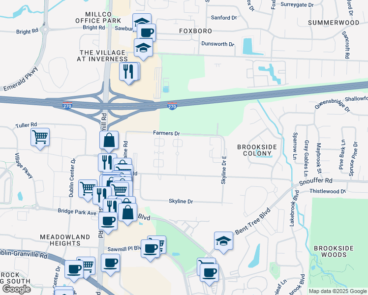 map of restaurants, bars, coffee shops, grocery stores, and more near 3520 Snouffer Road in Columbus