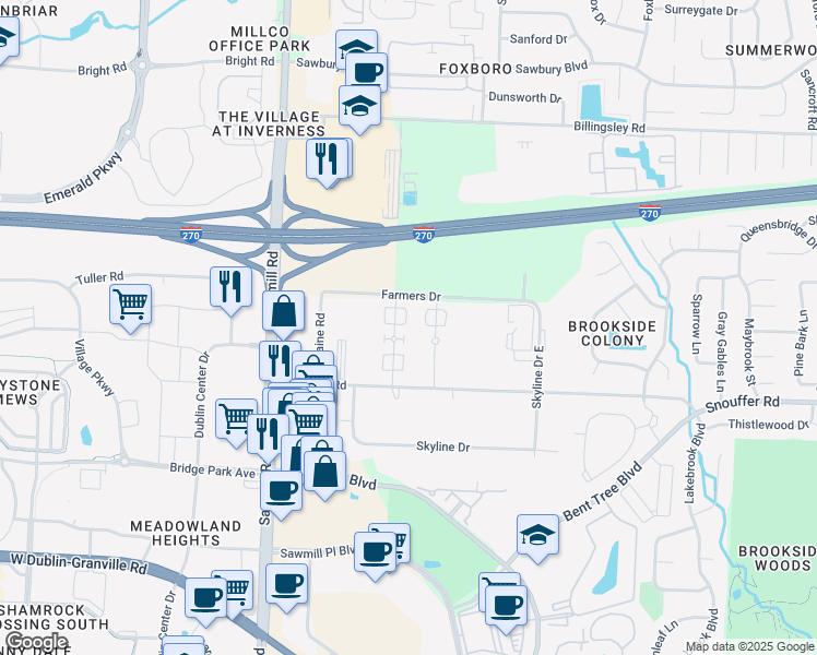 map of restaurants, bars, coffee shops, grocery stores, and more near 7341 Chaparral Road in Columbus