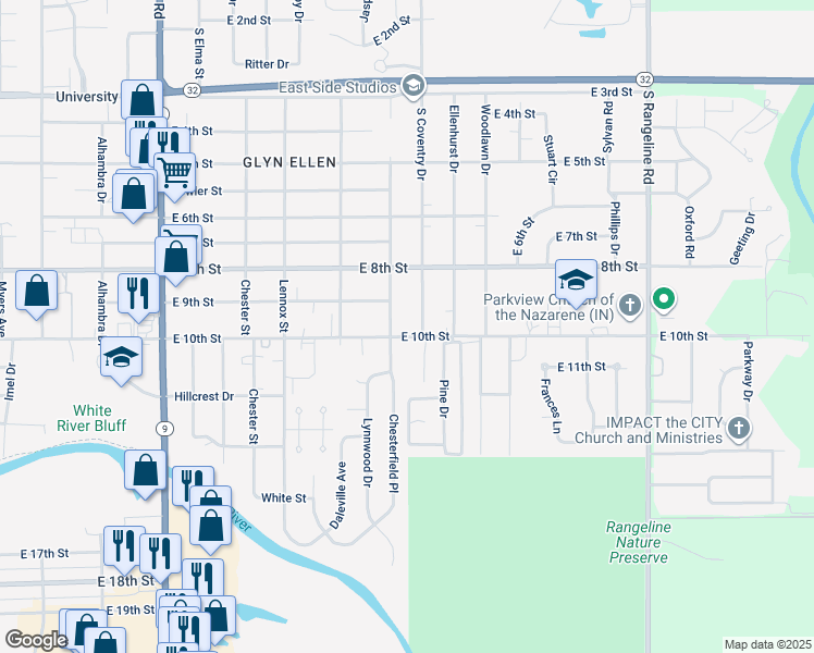 map of restaurants, bars, coffee shops, grocery stores, and more near 1019 Evergreen Court in Anderson