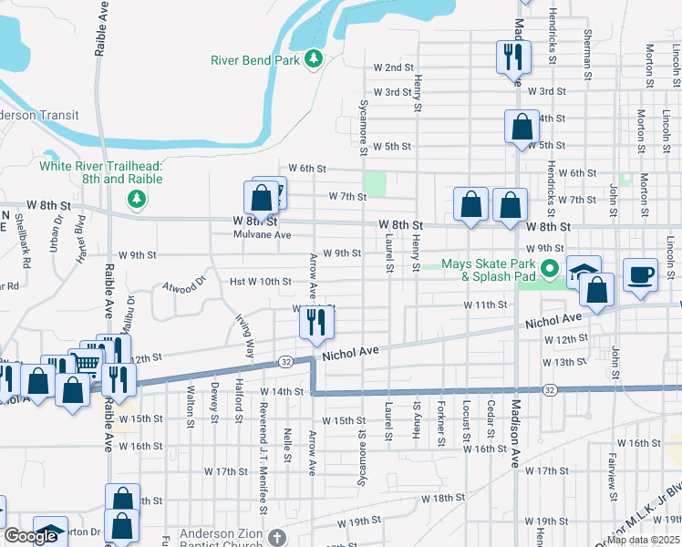 map of restaurants, bars, coffee shops, grocery stores, and more near 1007 Sycamore Street in Anderson