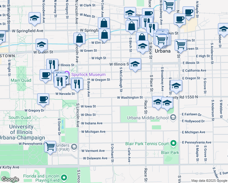 map of restaurants, bars, coffee shops, grocery stores, and more near 505 West Washington Street in Urbana