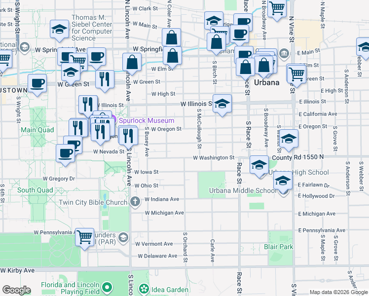 map of restaurants, bars, coffee shops, grocery stores, and more near 605 West Washington Street in Urbana